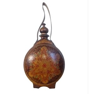 Vintage Balkan Hand-Painted Wooden Canteen Flask | Mid-20th Century Folk Art